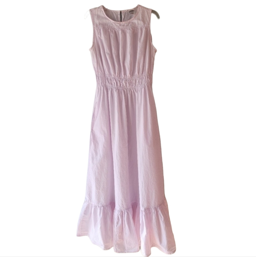 A NEW DAY Pink & White Stripe Smocked Maxi Dress Sleeveless Cotton Pockets Sz S